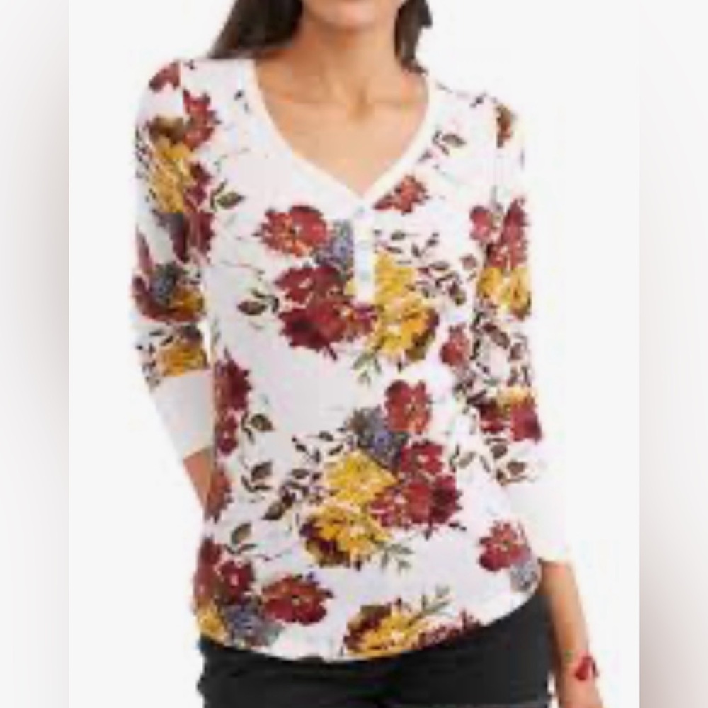 Time and Tru Floral Long Sleeve Top - White, Red, Yellow